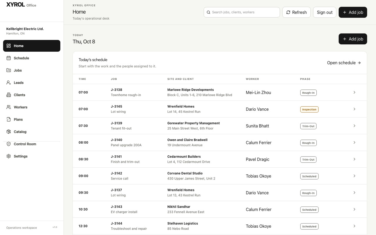The Xyrol Office home screen: today's schedule with eleven jobs, each with its time, site, foreman and stage