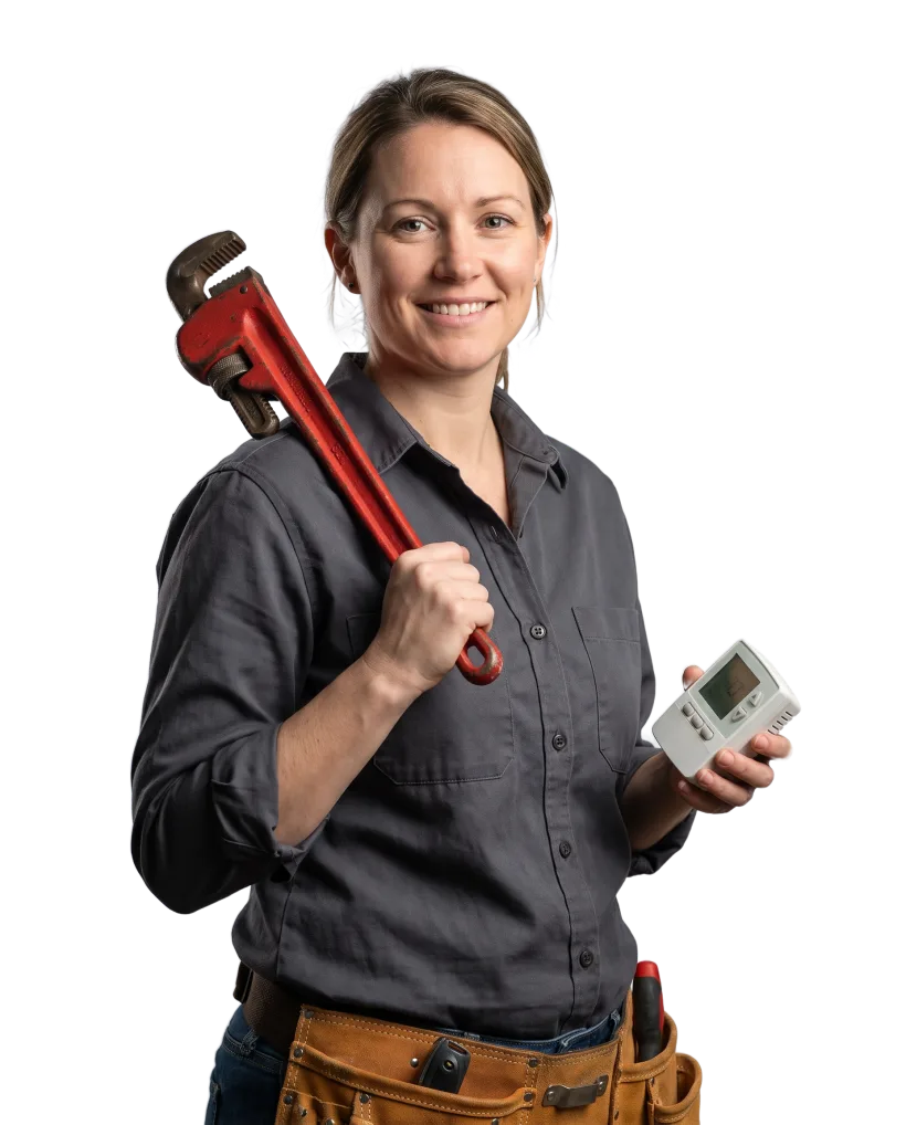 Sample offer ad for a made-up plumbing and heating company: a technician holding a pipe wrench and a thermostat, cut out over a solid colour